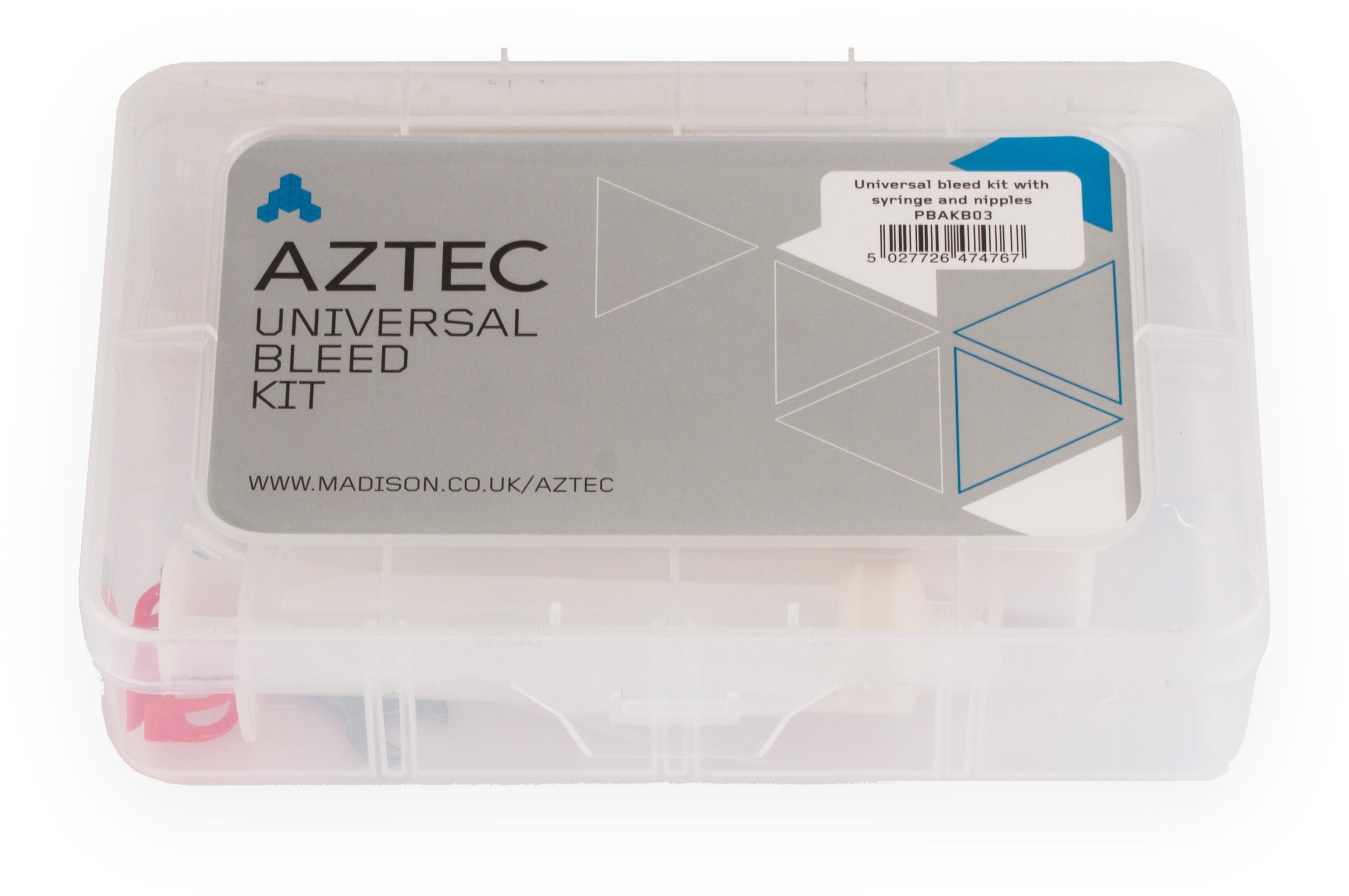 Universal bleed kit with syringe and nipples to suit most brands