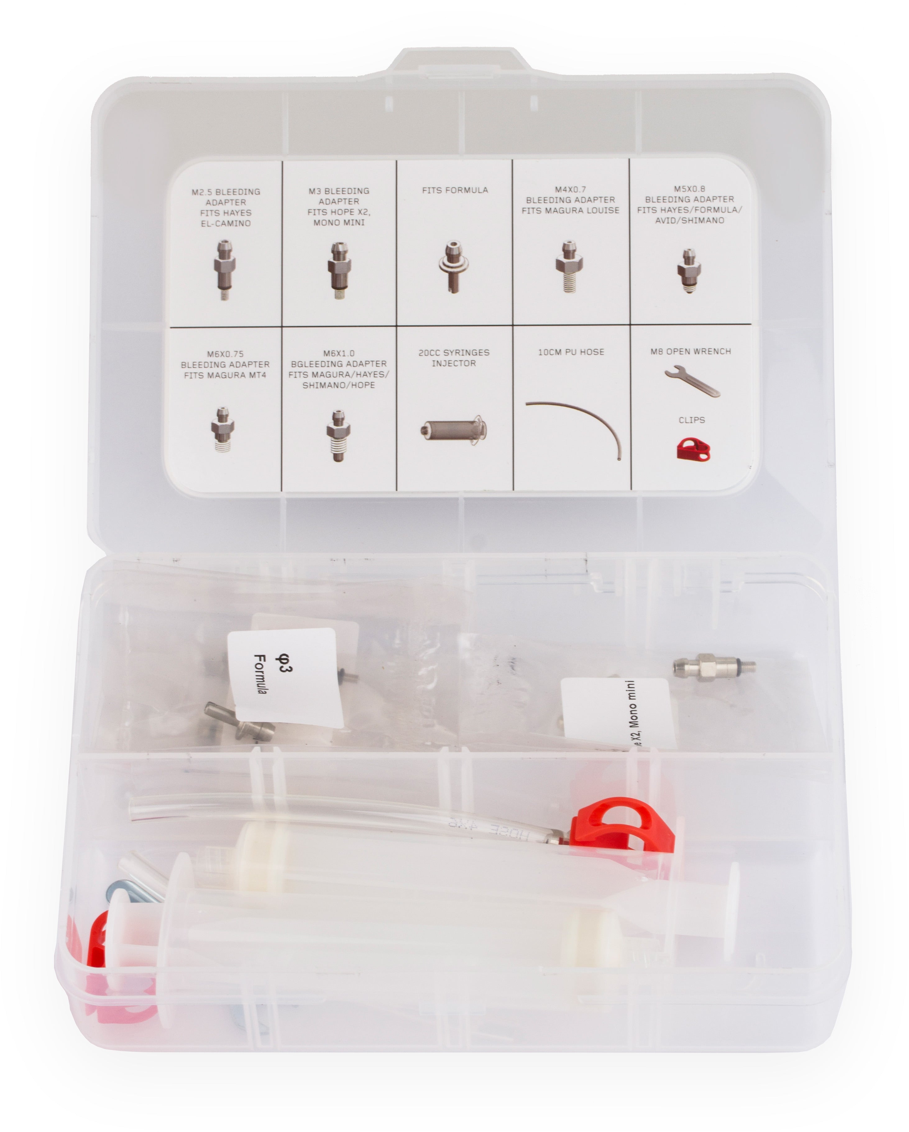 Universal bleed kit with syringe and nipples to suit most brands